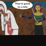 A single panel comic of a white mage reacting in disgusted horror to a gold-skinned elf offering her a half-eaten giant beetle. The elf, mouth full, is saying, "They're good; try a bite." She is hilding several more giant beetles in her other hand.